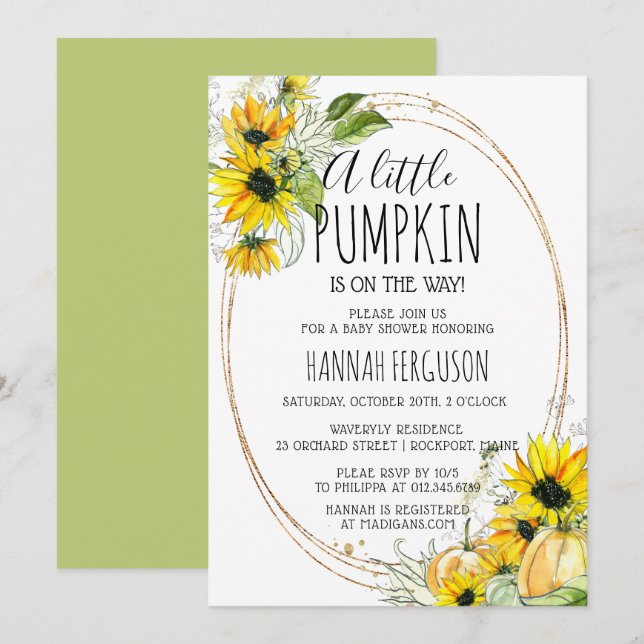 Invitación Sexo de calabaza de girasol Baby Shower neutral (Anverso / Reverso)