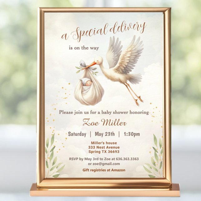 Invitación Sexo de entrega especial: Baby Shower Neutral Stor (Special Delivery Gender Neutral Stork Baby Shower Invitation)