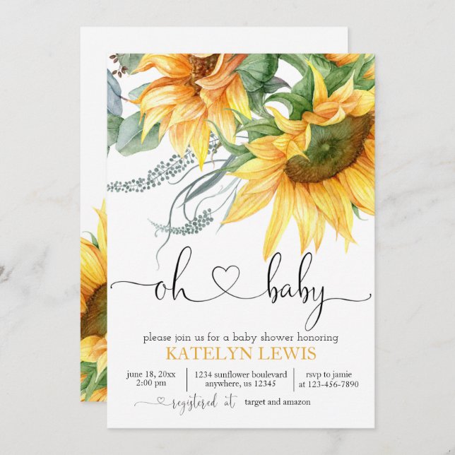 Invitación Sexo de girasol Baby Shower neutral (Anverso / Reverso)