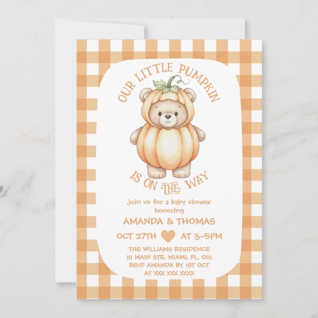 Invitación Sexo de la calabaza del oso Baby Shower neutro (Anverso)