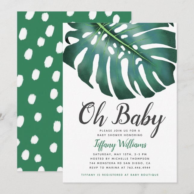 Invitación Sexo de la hoja de monastera tropical Baby Shower  (Anverso / Reverso)
