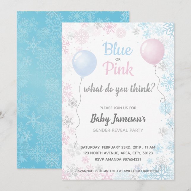 Invitación Sexo de los copos de nieve azules o rosas revelan  (Anverso / Reverso)