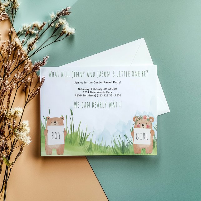 Invitación Sexo del oso acuarela Revelar niño o Fiesta chica (Adorable bear gender reveal invitation. Two cute bears—one holding a “Boy" sign the other "Girl")
