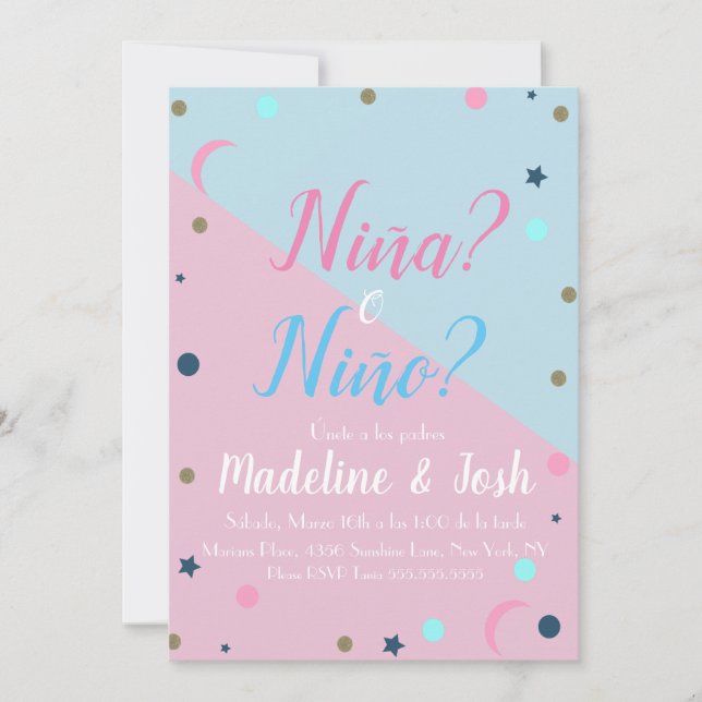 Invitación Sexo español revela luna de niño o Chica (Anverso)