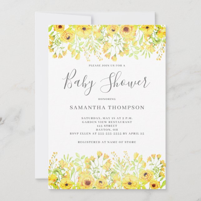 Invitación Sexo floral amarillo Baby Shower neutro (Anverso)