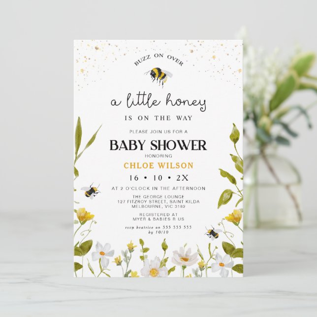 Invitación Sexo floral Amarillo Neutral Abeja Baby Shower (Anverso de pie)