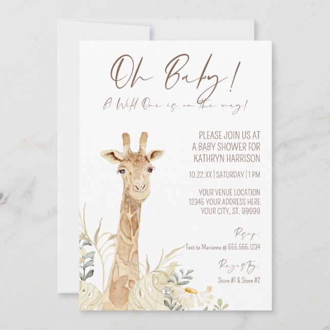 Invitación Sexo Floral Blanco de una jirafa Un bebé neutro (Anverso)