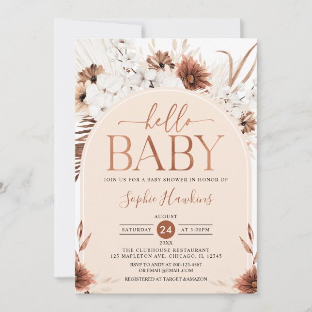 Invitación Sexo Neutral Arco Moderno Boho Baby Shower Floral (Anverso)