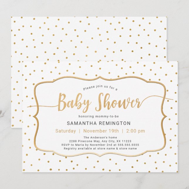 Invitación Sexo neutral Baby Shower de oro blanco (Anverso / Reverso)