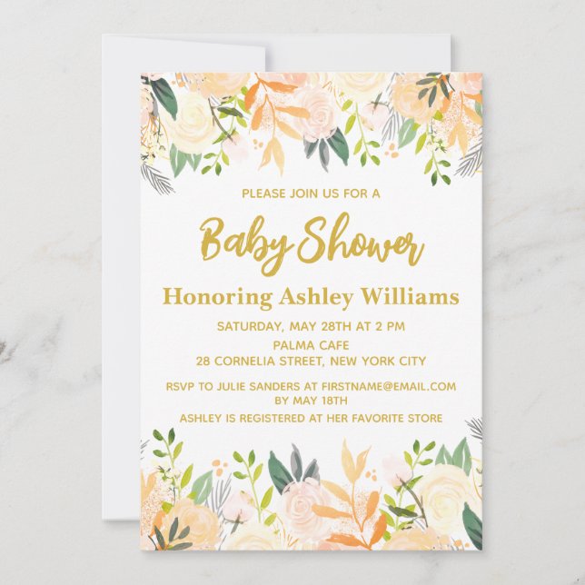 Invitación Sexo Neutral Baby Shower Floral de oro blanco (Anverso)