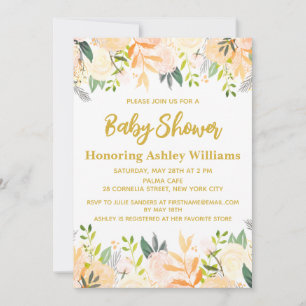 Invitación Sexo Neutral Baby Shower Floral de oro blanco