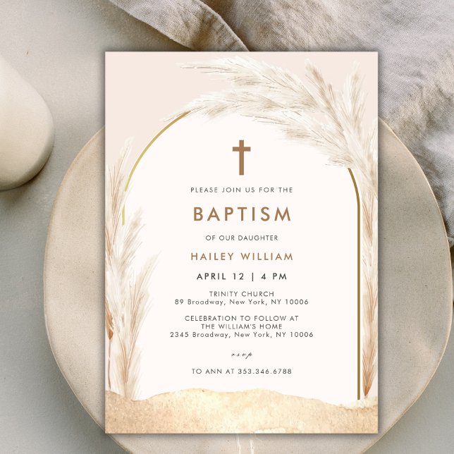 Invitación Sexo Neutral Boho Pampas Baptismo cruzado (Gender Neutral Boho Pampas Cross Baptism Invitation)
