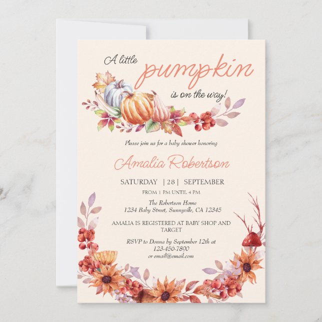 Invitación Sexo Neutral Calabaza Caída Otoño Baby Shower (Anverso)