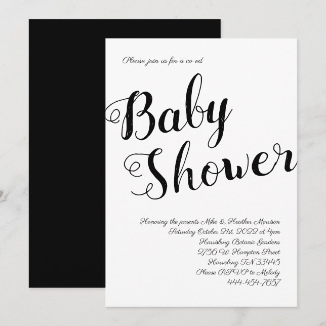 Invitación Sexo neutral de Baby Shower en blanco y negro (Anverso / Reverso)