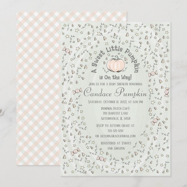 Invitación Sexo Neutral Dulce Pequeña Calabaza Baby Shower En (Anverso / Reverso)