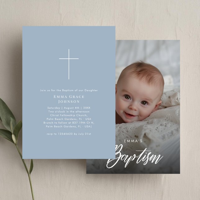 Invitación Sexo Neutral Dusty Baptismo Azul Foto de niño Chic (Subido por el creador)