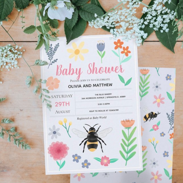 Invitación Sexo Neutral Floral Woodland Bee Baby Shower (Subido por el creador)