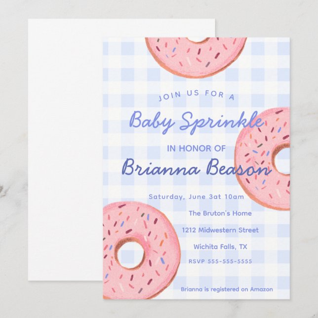 Invitación Sexo Neutral, Gingham y Donuts Espolvorea Infantil (Anverso / Reverso)