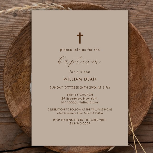 Invitación Sexo Neutral Guión Simple Boho Baptismo (Gender Neutral Simple Script Boho Cross Baptism Invitation)