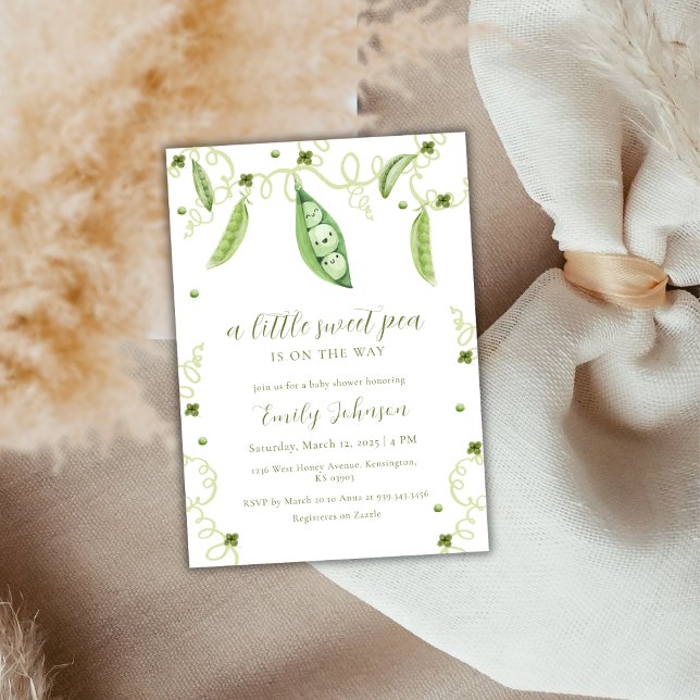 Invitación Sexo Neutral Moderno Dulce Pea En Baby Shower Pod (Gender Neutral Modern Sweet Pea In Pod Baby Shower Invitation)