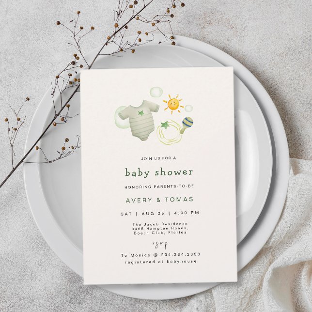 Invitación Sexo Neutral Sage Green Baby Clothes Toyower (Gender Neutral Sage Green Baby Clothes Toys Shower Invitation)
