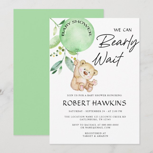 Invitación Sexo Neutral Teddy Bear Bearly Wait Baby Shower (Anverso / Reverso)