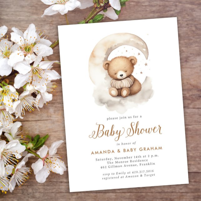 Invitación Sexo Neutral Teddy Bear Moon Stars Baby Shower (Subido por el creador)