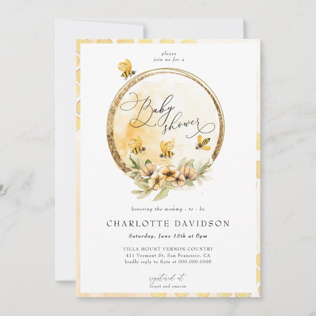 Invitación Sexo Neutral Yellow Bumble Bee Gold Baby Shower (Anverso)