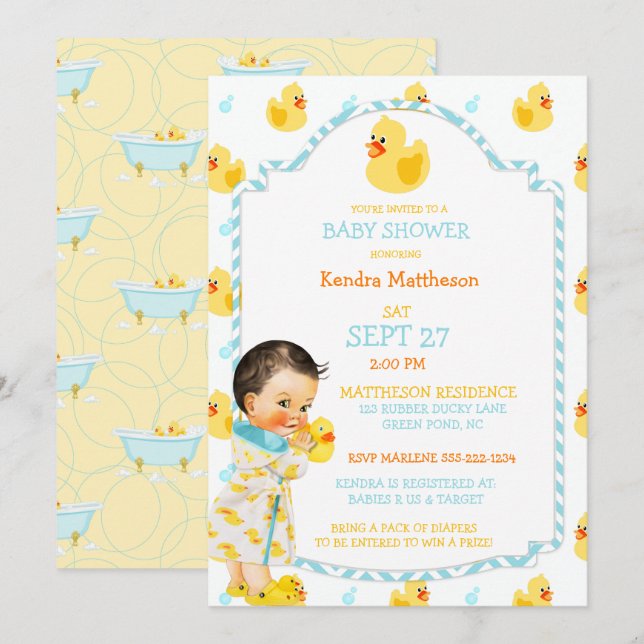 Invitación Sexo neutro Aqua amarillo del pato de caucho (Anverso / Reverso)