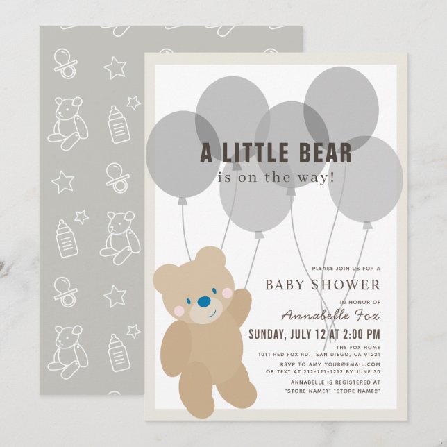 Invitación Sexo neutro Baby Shower de Teddy Bear Balloon (Anverso / Reverso)