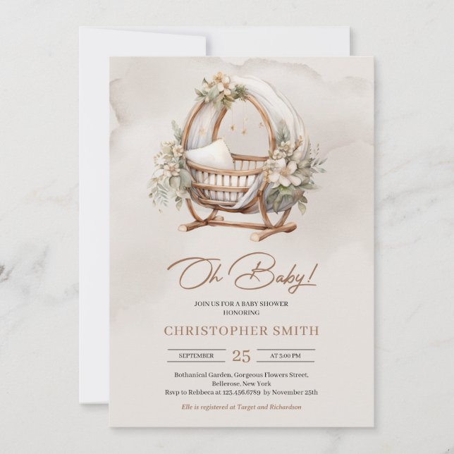 Invitación Sexo neutro de Boho cuna bebé cuna marrón y follaj (Anverso)