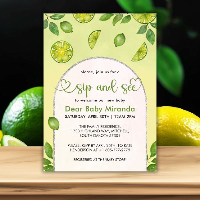 Invitación Sexo neutro de cítricos de cal y ver (Fresh Lime Citrus Gender Neutral Sip and See Invitation)