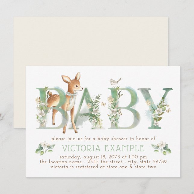 Invitación Sexo neutro de venado de Woodland Baby Shower (Anverso / Reverso)