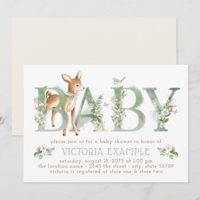 Invitación Sexo neutro de venado de Woodland Baby Shower (Anverso / Reverso)