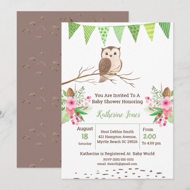 Invitación Sexo neutro en Baby Shower de búho pequeño (Anverso / Reverso)