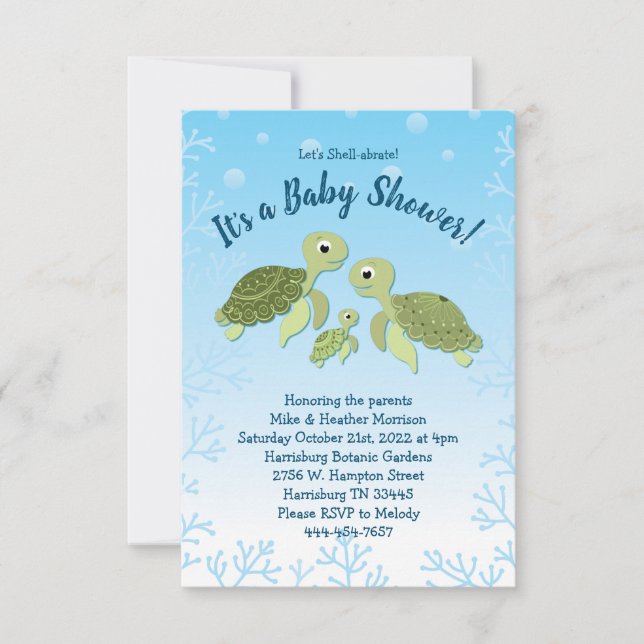 Invitación Sexo neutro en Baby Shower de la tortuga marina (Anverso)