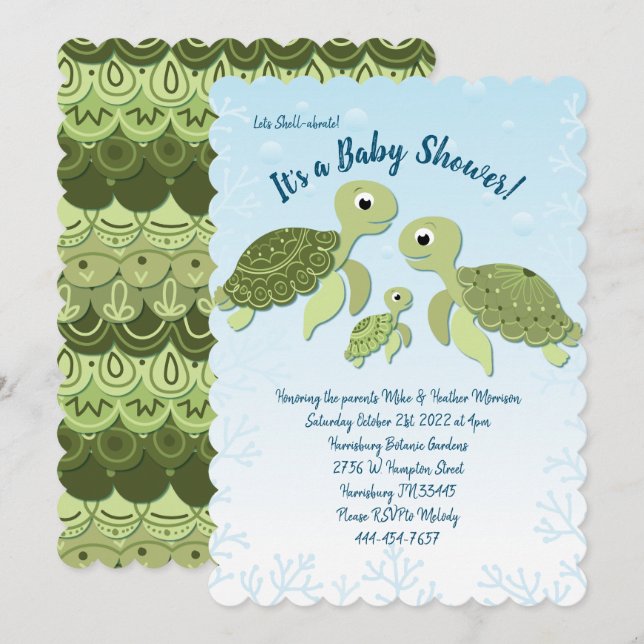 Invitación Sexo neutro en Baby Shower de la tortuga marina (Anverso / Reverso)