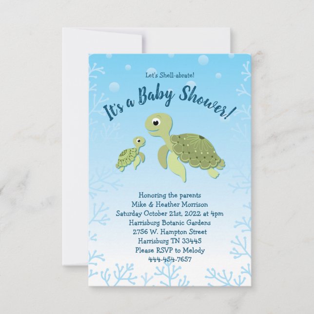 Invitación Sexo neutro en Baby Shower de la tortuga marina (Anverso)