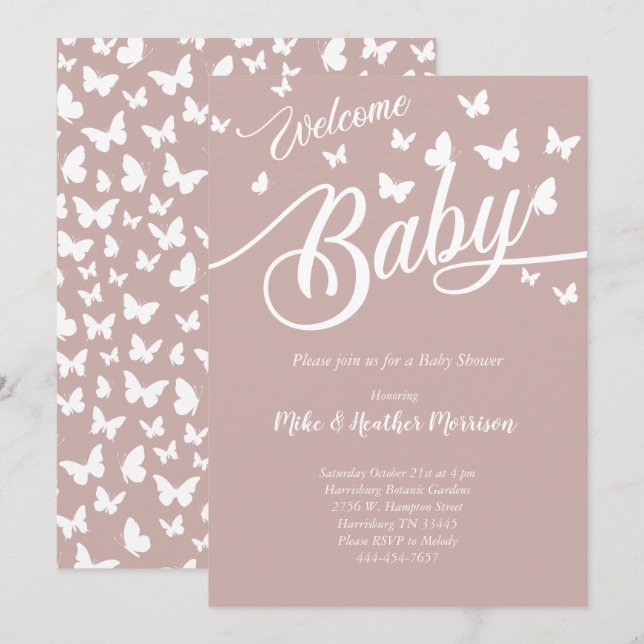 Invitación Sexo neutro en Baby Shower de mariposa (Anverso / Reverso)