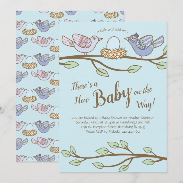 Invitación Sexo neutro en Baby Shower de Primavera de Pájaro (Anverso / Reverso)