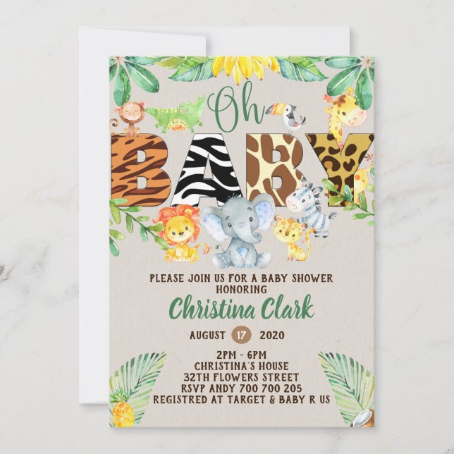 Invitación Sexo neutro en Baby Shower Safari de la selva (Anverso)