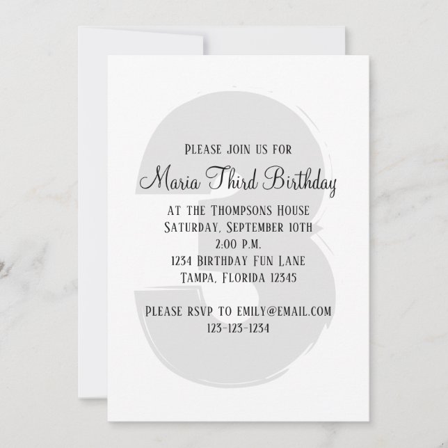 Invitación Sexo neutro en tercer cumpleaños minimalista (Anverso)