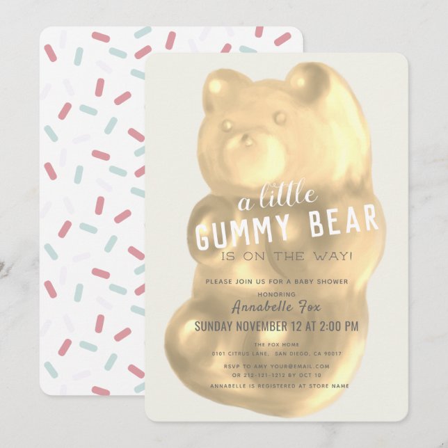 Invitación Sexo neutro para el oso de goma de champán Baby Sh (Anverso / Reverso)