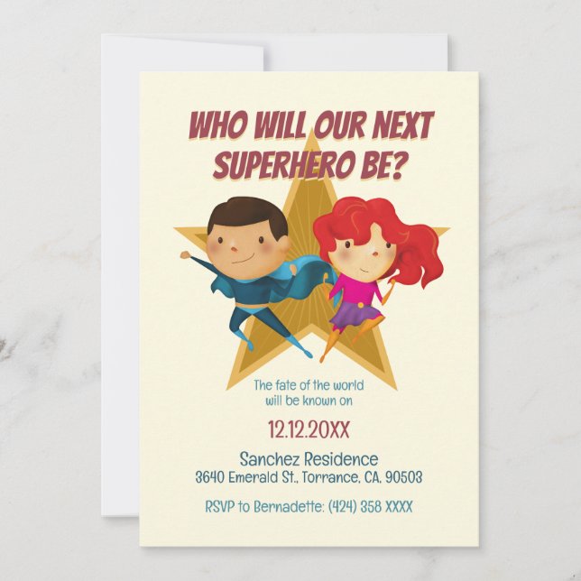 Invitación Sexo revela superheroína Cute amarillo rosa azul (Anverso)