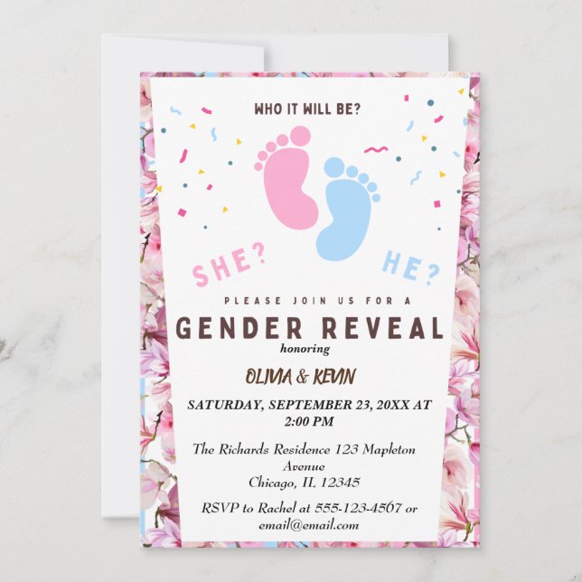 Invitación Sexo revelar azul rosa floral (Anverso)