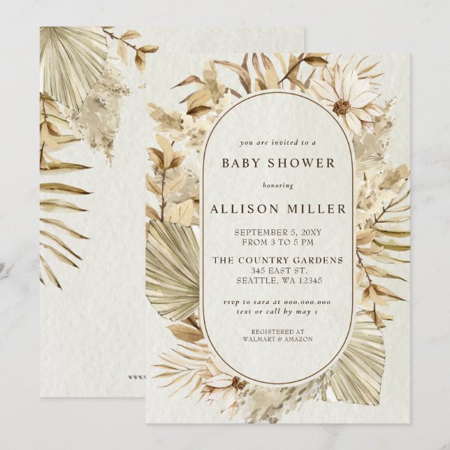 Invitación Sexo ruso neutro Boho Pampas Baby Shower (Anverso / Reverso)