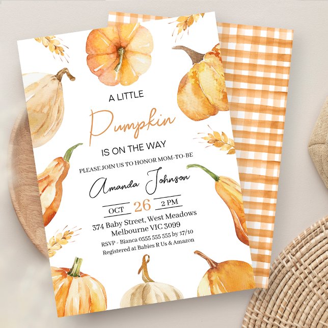 Invitación Sexo Rústico Neutral Pequeña Calabaza Baby Shower (Gender Neutral Little Pumpkin Baby Shower Invitation, Fall Baby Shower Invite, Autumn Wheat Edge)