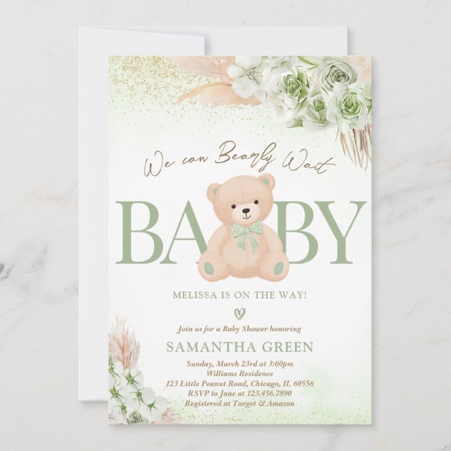 Invitación Sexo Verde Bear Neutral Bear Boho Baby Shower (Anverso)