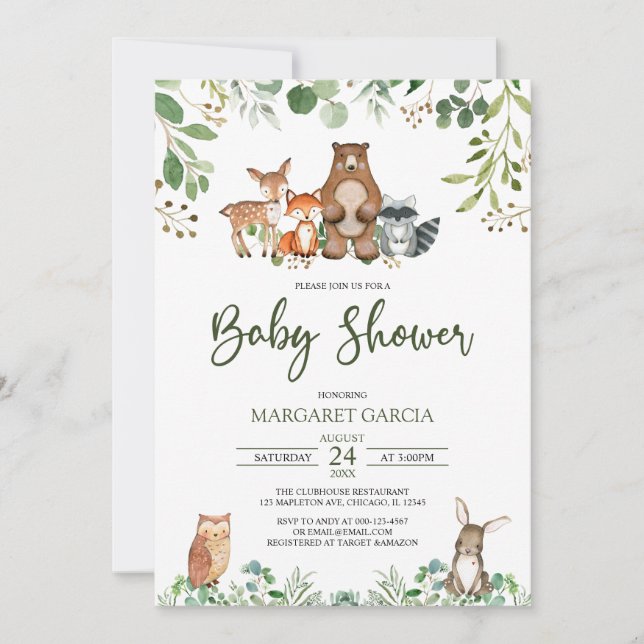 Invitación Sexo Verde Neutral Woodland Baby Shower (Anverso)