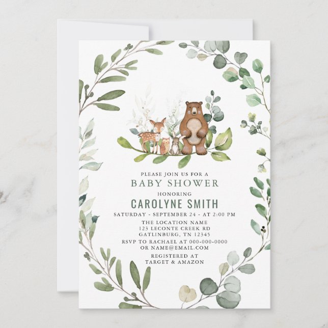 Invitación Sexo Verde Neutral Woodland Baby Shower (Anverso)
